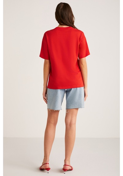 ETHIQUET AGERTHA Kadın %100 Organik Pamuklu Regular Fit Bisiklet Yaka Kısa Kollu Kırmızı T-shirt