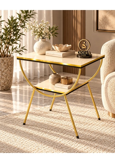 Odera Çift Çift Raflı Yan Sehpa Komodin Metal Ayaklı Retro Modern Sehpa Diğer