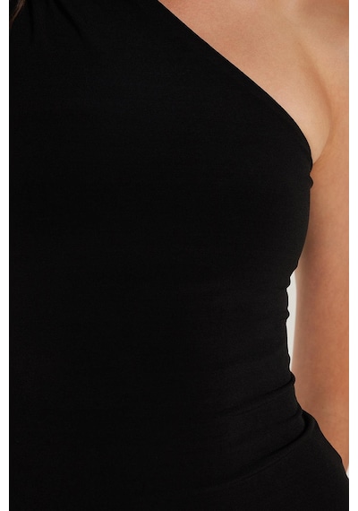 Tudors Kadın Slim Fit Dar Kesim Tek Omuz Askılı Siyah Elbise-34662 Siyah