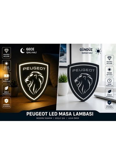 Peugeot Masa Lambası , Peugeot Logolu Led Işıklı Masa Lambası , Peugeot Gündüz Gece Masa Lambası Siyah