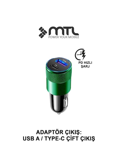 Araç Şarj Aleti Çakmaklık 38w Lightning Type-c + Usb Çift Portlu - Qualcomm Qc 4.0 Desteği Mt-a1834 Yeşil İle Uyumlu