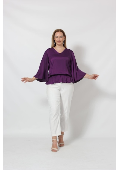 Moda Berray 3183mo Beli Lastikli Bol Kol Büyük Beden Bluz Mor 001