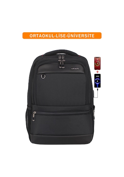 Körüklü Siyah Okul Sırt Çantası Lise Üniversite Unisex Su Geçirmez Kumaş 14"-15,6" İnç Siyah