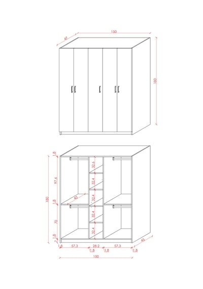 Asra Trend 5 Kapaklı Gardırop G-09 %100 MDF Çift Katlı Askılı Elbise Dolabı Beyaz