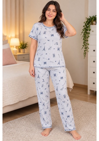 Üç Gül Ticaret Kadın Paris Desenli Çizgili Kısa Kollu Pijama Takımı Mavi Detaylı Gri Gri