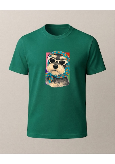 Başörtülü Gözlükü Renkli Köpke Baskılı T-shirt Yeşil