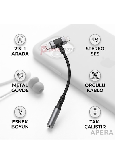 Type-c Ve 8 Pin 3.5mm Aux Kulaklık Dönüştürücü Çift Uçlu Örgülü Ses Adaptörü İos Ve Android Uyumlu Kulaklık Ve Aux Bağlantı Kablosu Cr97