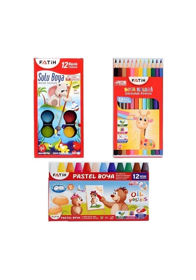 Fatih 3'lü Boyama Seti 12'li Kuru Boya+sulu Boya+pastel Boya Çok Renkli