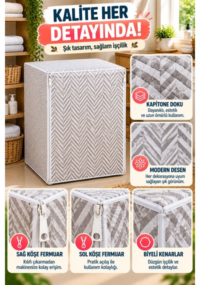 Gri Beyaz Zikzak Desenli Çamaşır Makinesi Örtüsü Kapitone Fermuarlı Koruyucu Kılıf 63x58x84 Cm Model