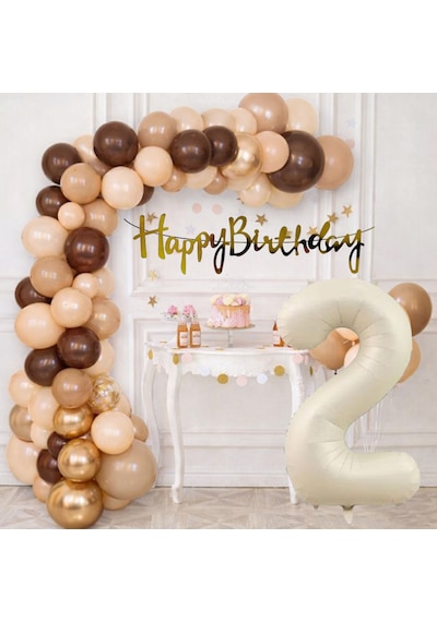 2 Yaş Pompa Hediyeli Doğum Günü Seti Banner Gold Kahverengi Kum Beji Ten Rengi Balonlar Krem Rakam Çok Renkli