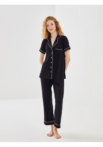 Lcw Dream Siyah Gömlek Yaka Düz Kısa Kollu Kadın Pijama Takımı