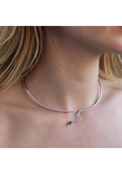 Yeşil Zirkon Taşlı Serpent Choker Gümüş Kolye Gümüş