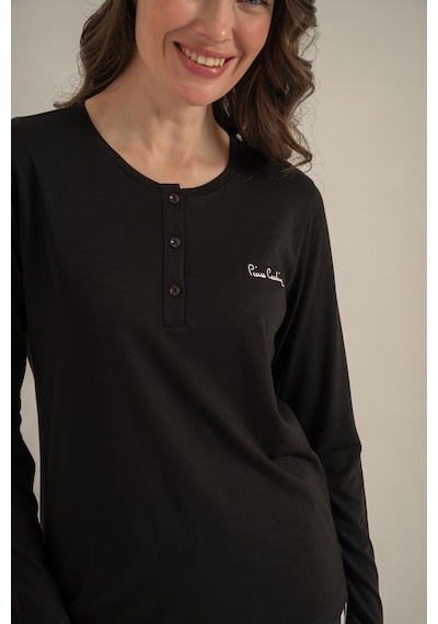 Pierre Cardin Kadın Siyah Nakışlı Uzun Kol Pijama Takım Pc9300-s-v1 Pc9300-s-v1