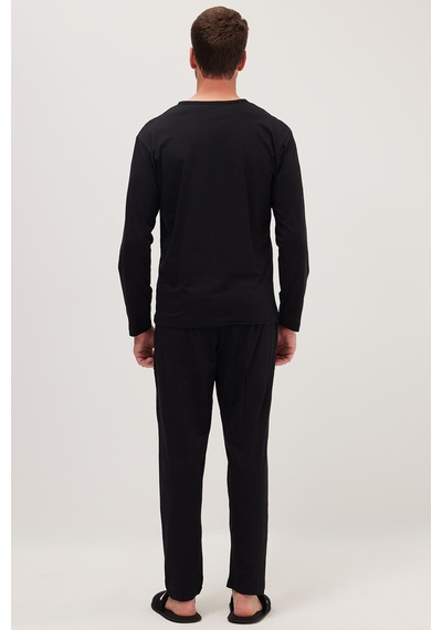 Tudors Erkek Standart Fit Normal Kesim %100 Pamuk Bisiklet Yaka Beli Lastikli Siyah Pijama Takımı-37947 Siyah