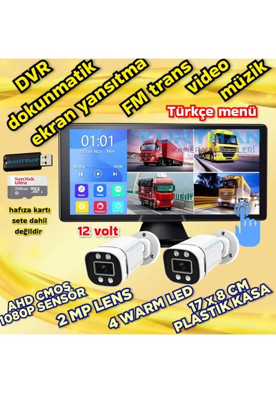 2 Adet Ahd 2mp Warm Ledli Kamera Dvr Dokunmatik 10.36 İnç Monitör 12 Volt 256 Gb