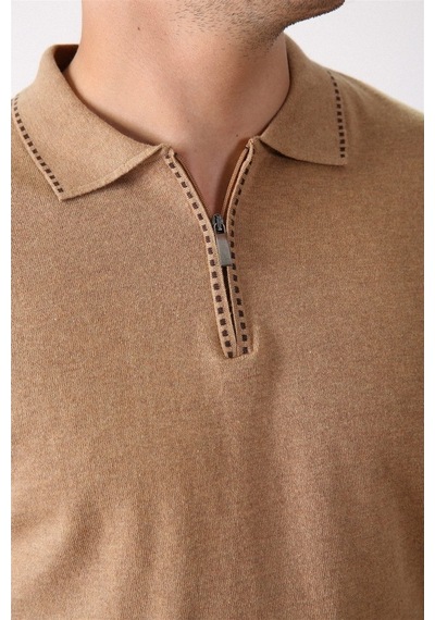 Ferraro Camel Polo Yaka Fermuarlı Erkek Pamuk Kazak Camel