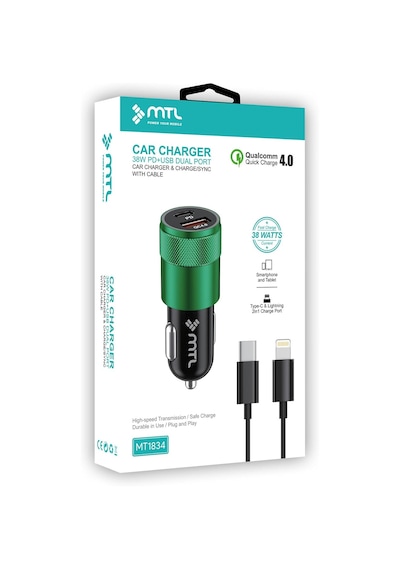 Araç Şarj Aleti Çakmaklık 38w Lightning Type-c + Usb Çift Portlu - Qualcomm Qc 4.0 Desteği Mt-a1834 Yeşil İle Uyumlu