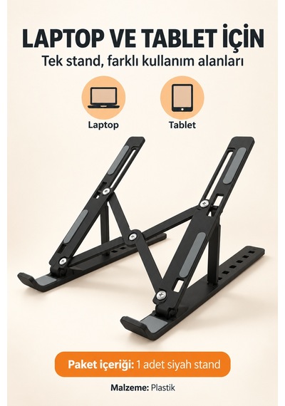 7 Kademeli Ayarlı Katlanabilir Laptop Ve Tablet Standı Siyah Kaymaz Silikon Destekli Masaüstü Tutucu