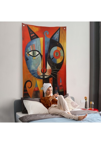 Pablo Picasso Tarzı - Soyut Renkli Kedi Duvar Örtüsü-7371