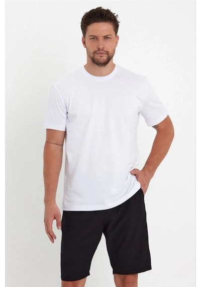 Erkek Düz Penye Tişört Bisiklet Yaka Kısa Kol Regular Fit T-shirt - Beyaz
