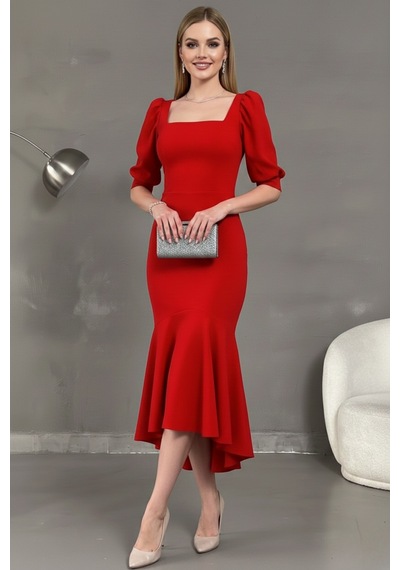 Defymoda Kadın Balık Model Cazibeli Elbise Kırmızı