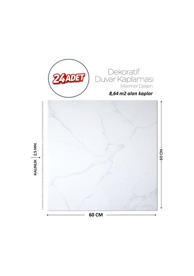 60x60 Cm Kendinden Yapışkanlı Duvar,banyo,tezgah Arası Beyazmermer-24 Adet 1015-60-24