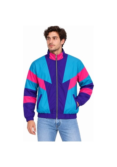 Veraura Lifestyle Erkek 80 Ler Retro Wintage Dijital Baskılı Fermuarlı Rüzgar Kesici Mevsimlik Ceket Çok Renkli