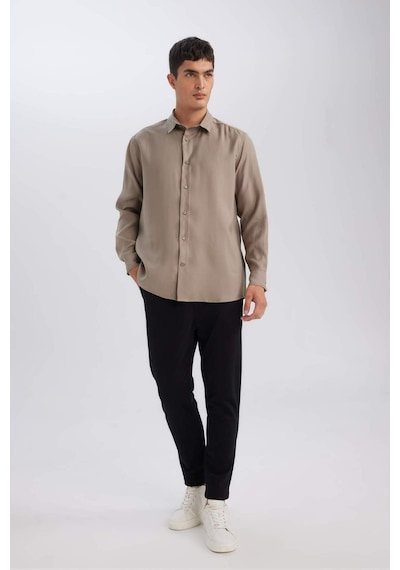 Defacto Relax Fit Polo Yaka Twill Modal Karışımlı Basic Düz Uzun Kollu Gömlek D3376AX24AUKH466 Haki