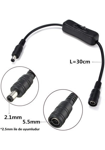 30cm Dc Adaptör Dişi - Erkek Bağlantı Kablo 5.5x2.1mm On/off Duy Anahtarlı