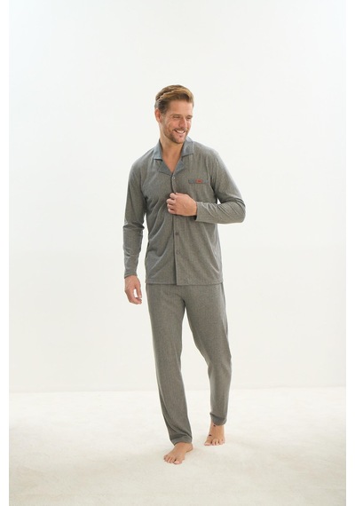 Sevim Erkek Uzun Kol Gömlek Yaka Önden Düğmeli Gri Pijama Takım C2t3n5o9 001