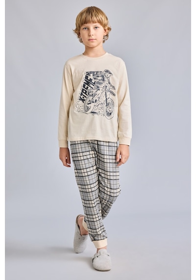 Defacto Motosiklet Baskılı Ekose Regular Fit 2li Pijama Takımı Erkek Çocuk H6686a826aubg286 Bej-bg286