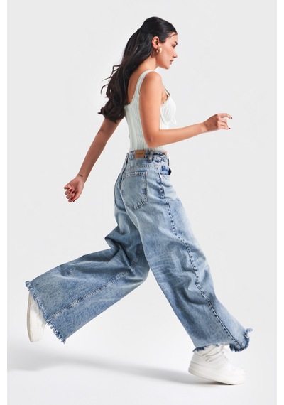 Itsbasic Kadın Kot Rengi 12s5-32 Palazzo Fit Paça Püsküllü %100 Koton Orta Bel Denim Jean Kot Rengi 12s5-84
