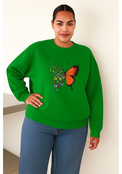Benroma 3 İplik Penye Kelebek Baskılı Unisex Sweatshırt Yeşil