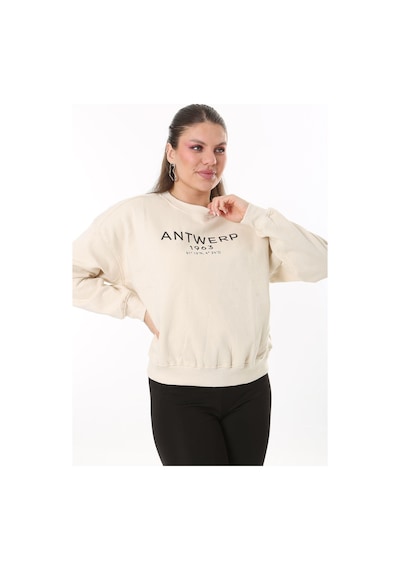 Şans Kadın Büyük Beden Bej İçi Şardonlu Kumaş Ön Baskılı Sweatshirt 65n37719-bej Bej