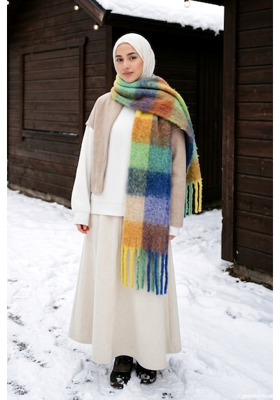 Remsa Püsküllü Buklet Atkı Şal 40x210 Cm 1256 Yeşil Renkli