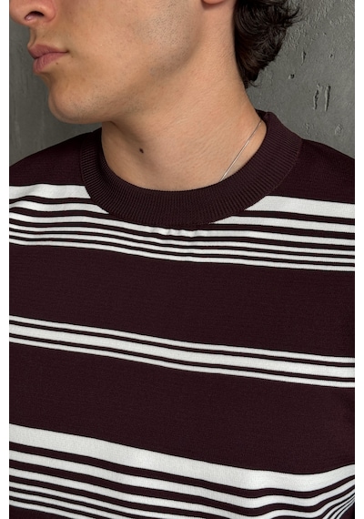 Erkek Bisiklet Yaka Oversize Çizgili Triko T-shirt Bordo