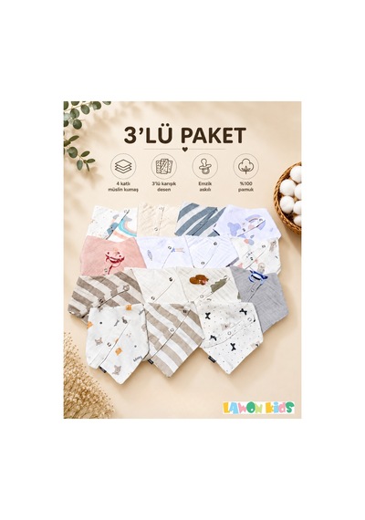 3 Adet Karışık Kız Desen %100 Pamuk 4 Katlı Müslin Kumaş Emzik Askılı Çıtçıtlı Bebek Önlük, Salya Önlüğü Çok Renkli