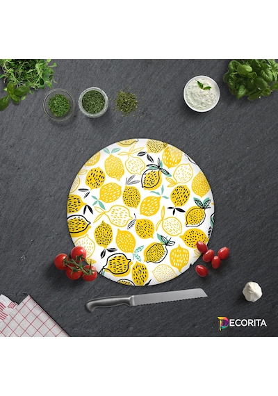 Decorita Cam Kesme Tahtası | Sarı Limonlar | Çap32cm