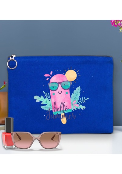 Bk Gift Yaz Temalı-5 Astarlı Mavi Portföy Çanta 30x21cm, Baskılı El Çantası, Organizer Çanta