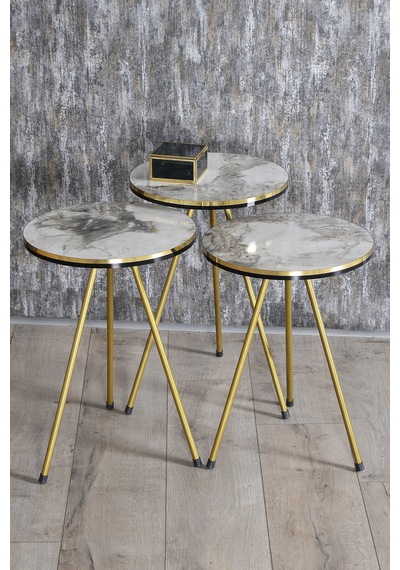 Zigon Sehpa Ve Orta Sehpa Kr Set Çift Gold Metal Beyaz Mermer Desen