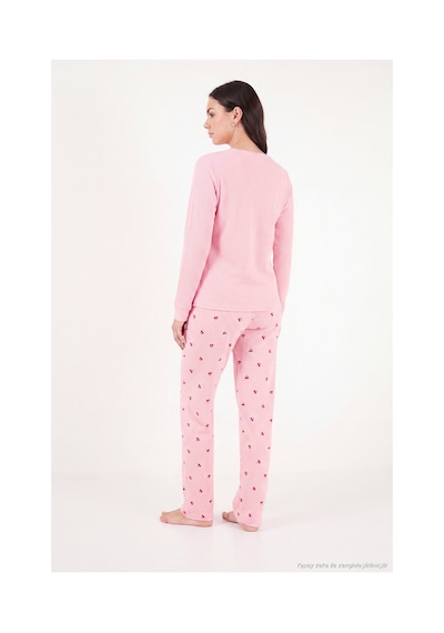 Lela Desenli Düğmeli Bisiklet Yaka Uzun Kollu Pijama Takımı Kadın Pijama Takımı 6575021 Pembe