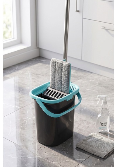 Compact Tablet Mop Temizlik Seti - Mikrofiber Paspas Ve Sıkma Hazneli Kova Siyah/mavi