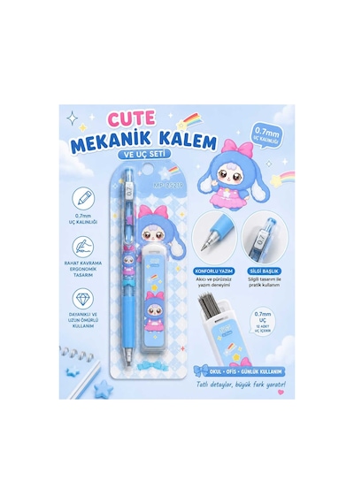 Sevimli Karakter Tasarımlı 0.7mm Mekanik Kalem Ve Uç Seti Mavi Mavi