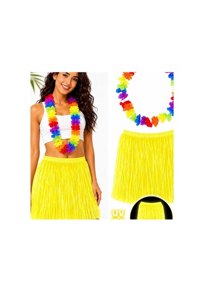 Neon Sarı Hawaii Etek 40 Cm Ve Rengarenk Hawaii Kolye Evimdeyokyok