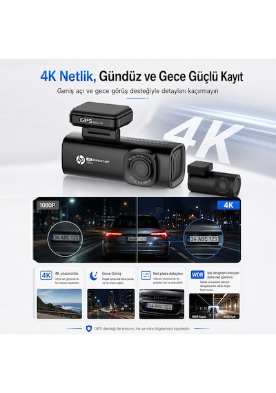 Hp F499x 4k Wdr, Araçiçi Ön + Arka Kamera, 1.5 Inch Renkli Lcd Ekran, Gps Li, Wi-fi Destekli