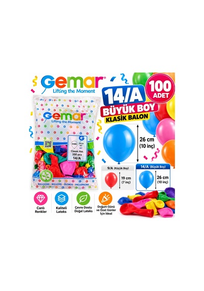 14/a Büyük Boy Klasik Balon 100'lü Karışık Renk 26 Cm 10 İnç Çok Renkli