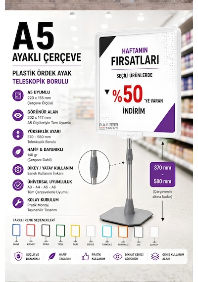 A5 Ayaklı Çerçeve Seti Plastik Ördek Ayak Teleskopik Borulu Fiyat Etiketliği Yönlendirme Levhası Menü Panosu Şeffaf