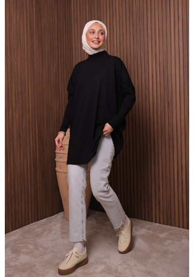 Balenbi Kadın Dik Yaka Basic 80cm Salaş Oversize Triko Tunik 1145 Siyah