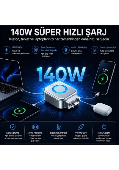 Ally Hypercharge 140w Aı Akıllı Şarj Kesici Adaptör Şarj Dolunca Otomatik Kapanan Batarya Koruyucu- 5775 1
