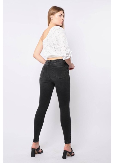 Kadın Antrasit Dizi Yırtık Süper Skinny Fit Jean Pantolon 001